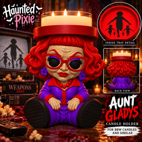 Aunt Gladys candle holder with red hair, red glasses, purple outfit, and decorated red tray; front, back, and tray-detail views.