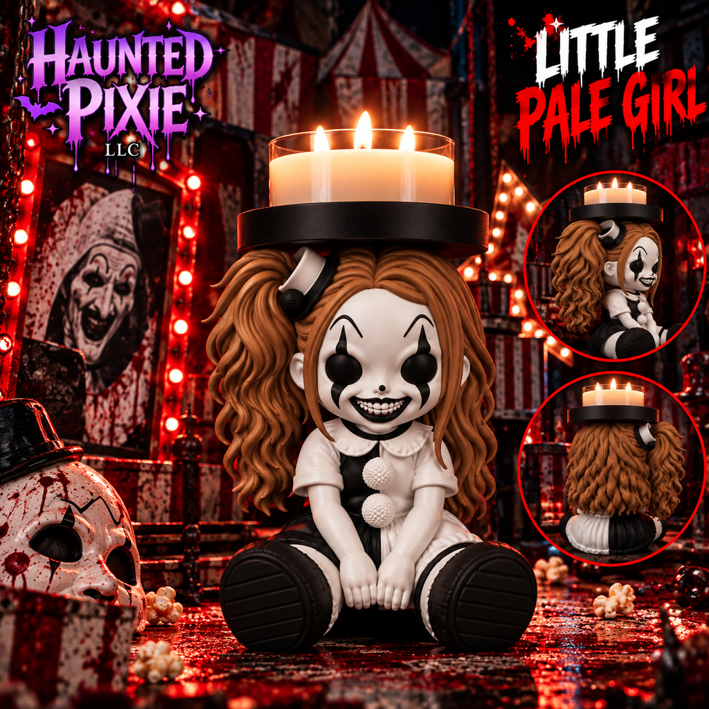 Little Pale Girl candle holder with wavy brown pigtails, black-and-white clown makeup and outfit, and black tray; front, side, and back views.