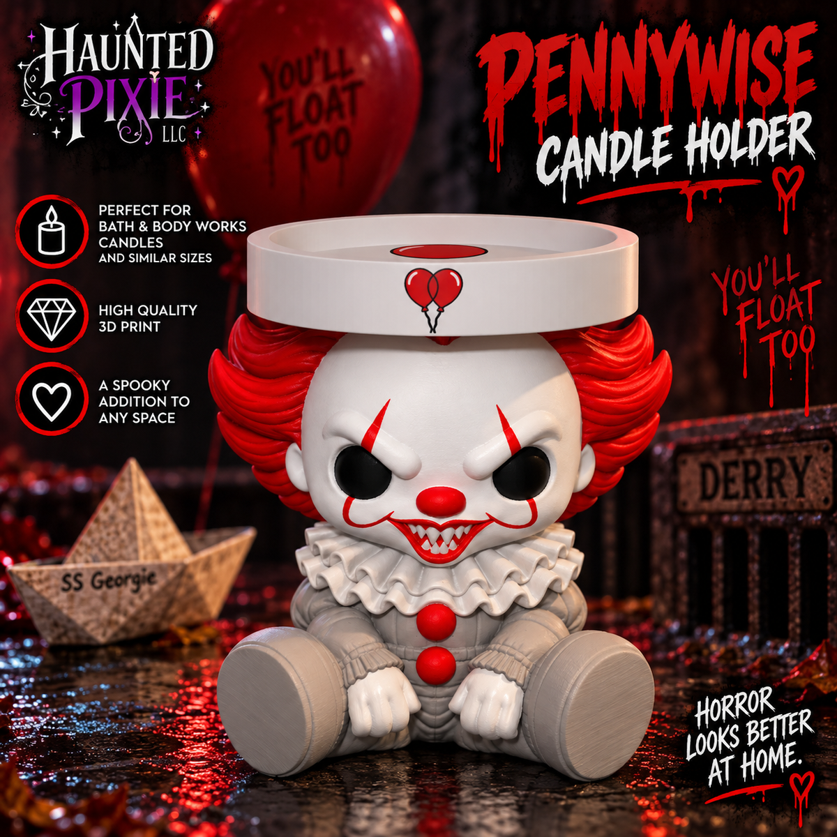 Pennywise candle holder with a candle displayed on top; candle not included with purchase