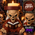 The Crypt Keeper candle holder in a red robe holding a skull-decorated book, with Tales from the Crypt tray detail