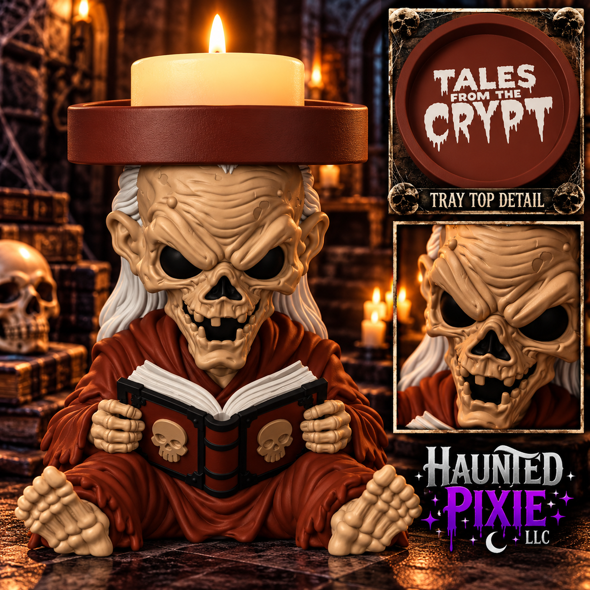 The Crypt Keeper candle holder in a red robe holding a skull-decorated book, with Tales from the Crypt tray detail