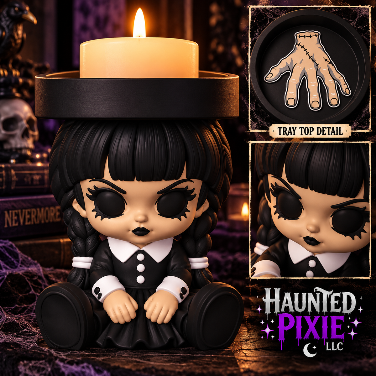 Wednesday candle holder with black braids, black dress, and a decorated tray featuring a stitched hand