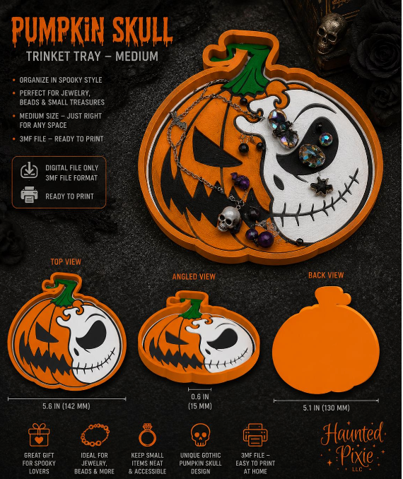 Pumpkin Skull Trinket Tray Digital File
