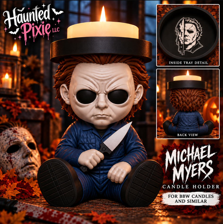 Michael Myers 3D-printed candle holder with tray detail and back view