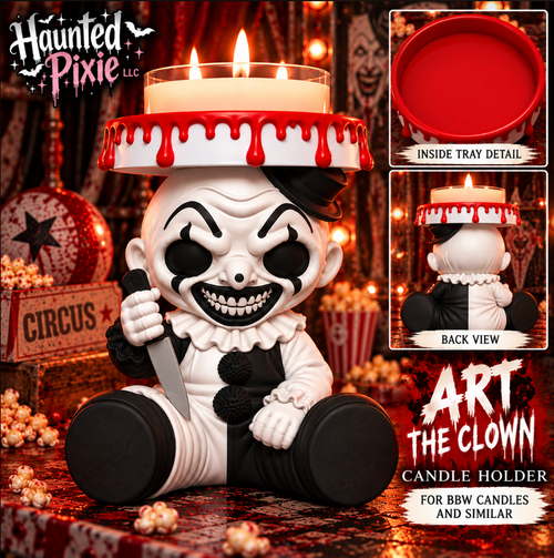 Art the Clown 3D-printed candle holder with blood drip tray, inside tray detail and back view