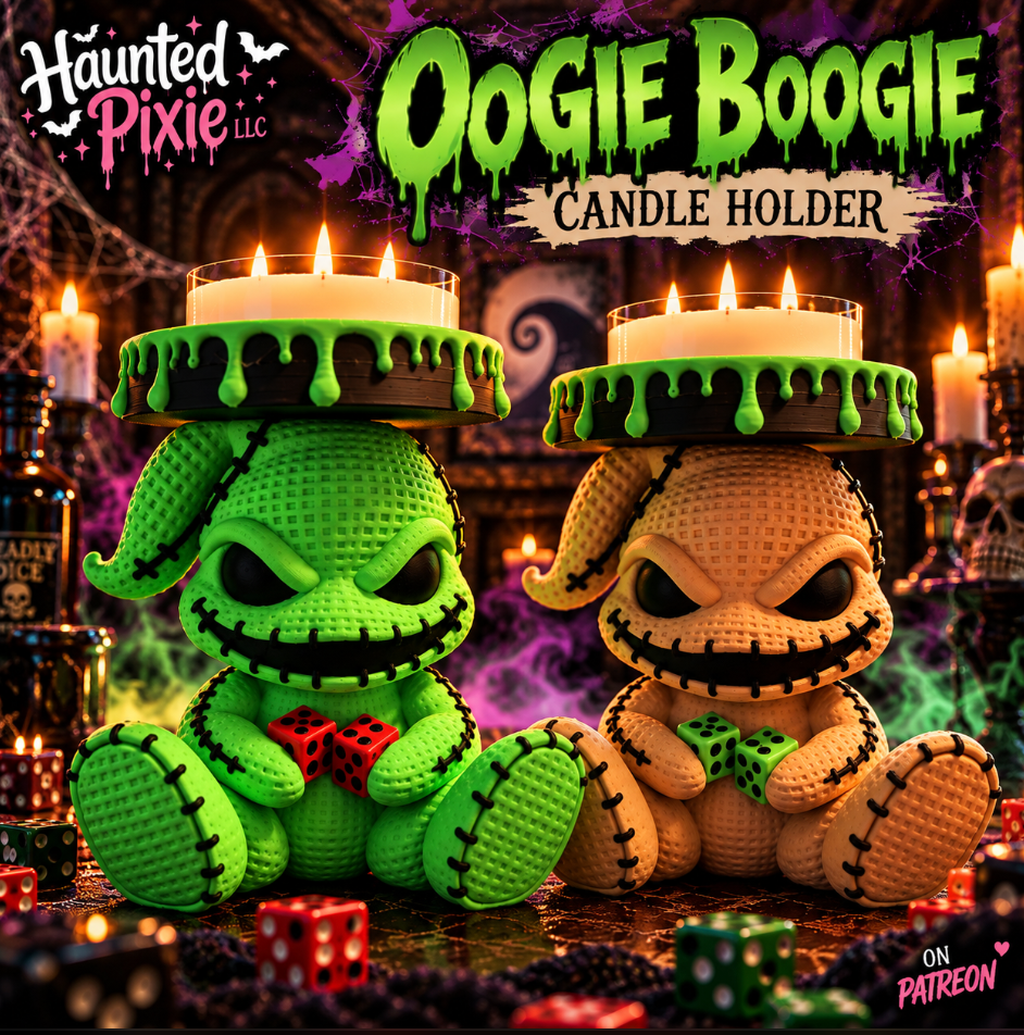 Green and tan Oogie Boogie candle holder designs with dice and green drip trays