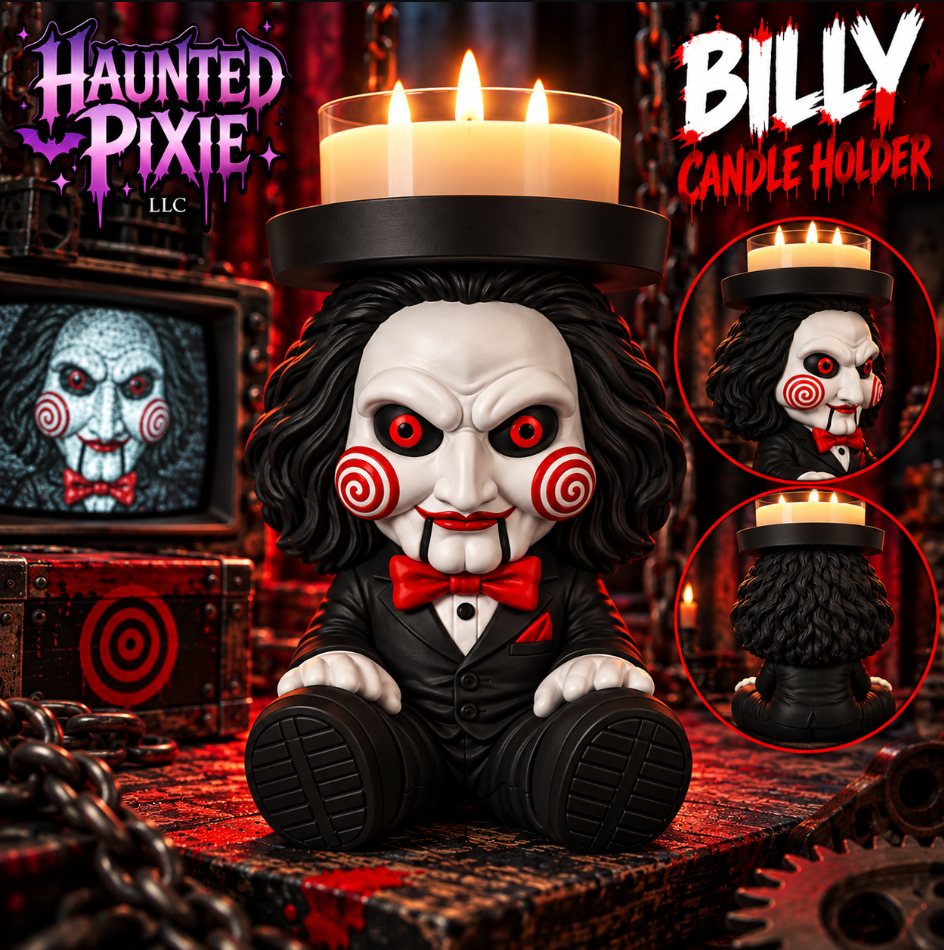 Billy the Puppet candle holder with white face, red spiral cheeks, black suit, red bow tie, and black tray, shown from front, side, and back.