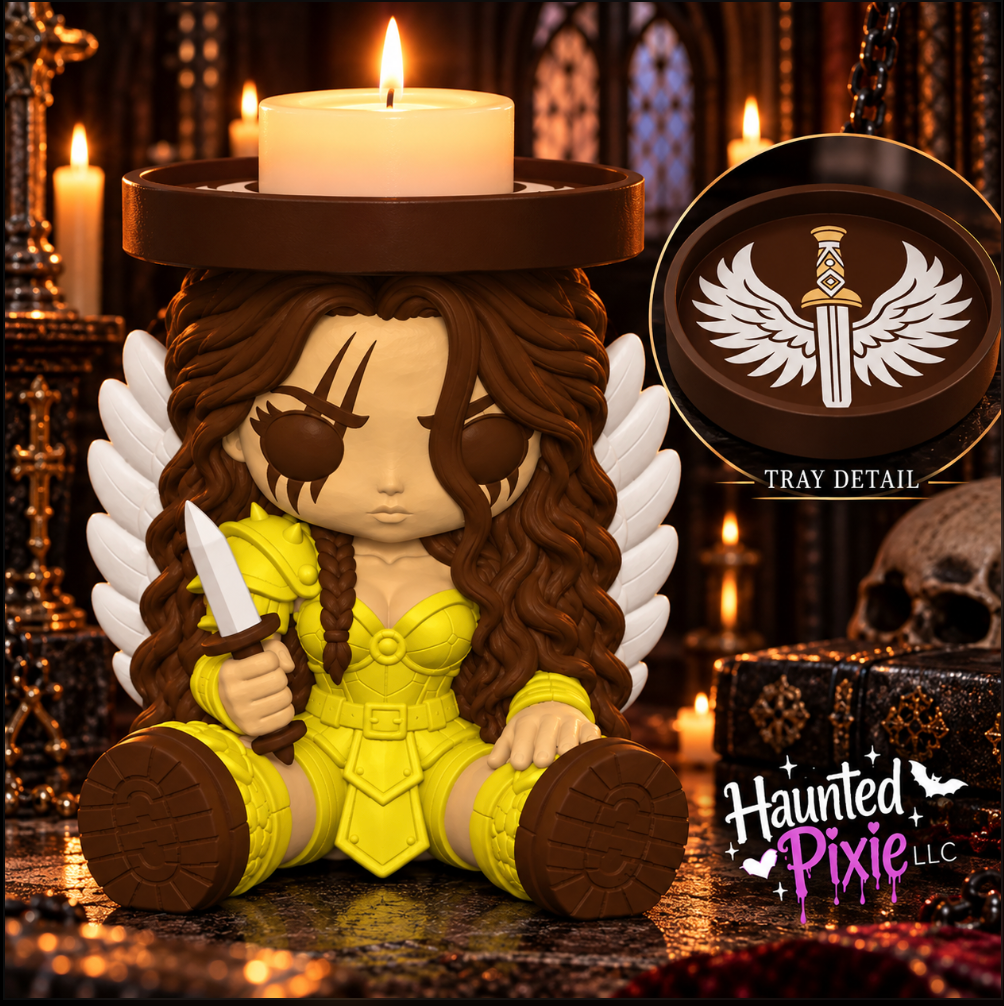Sienna Shaw candle holder with brown hair, yellow armor, white wings, and sword; brown tray with winged-sword decoration shown in inset.