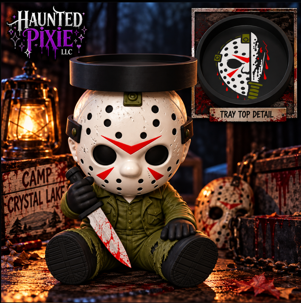 Jason candle holder with white hockey mask, green clothing, and machete, with decorated tray detail