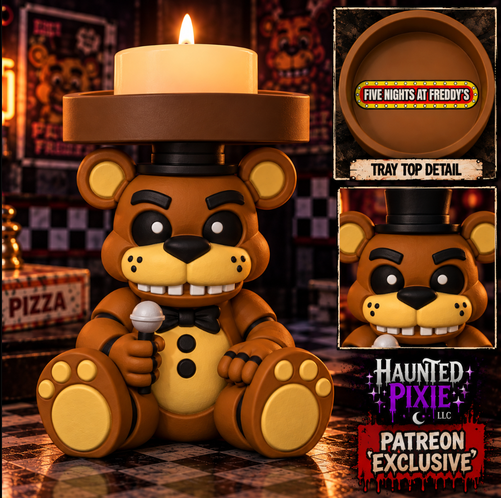 Freddy Fazbear candle holder with black top hat, bow tie, microphone, and Five Nights at Freddy's decorated tray detail